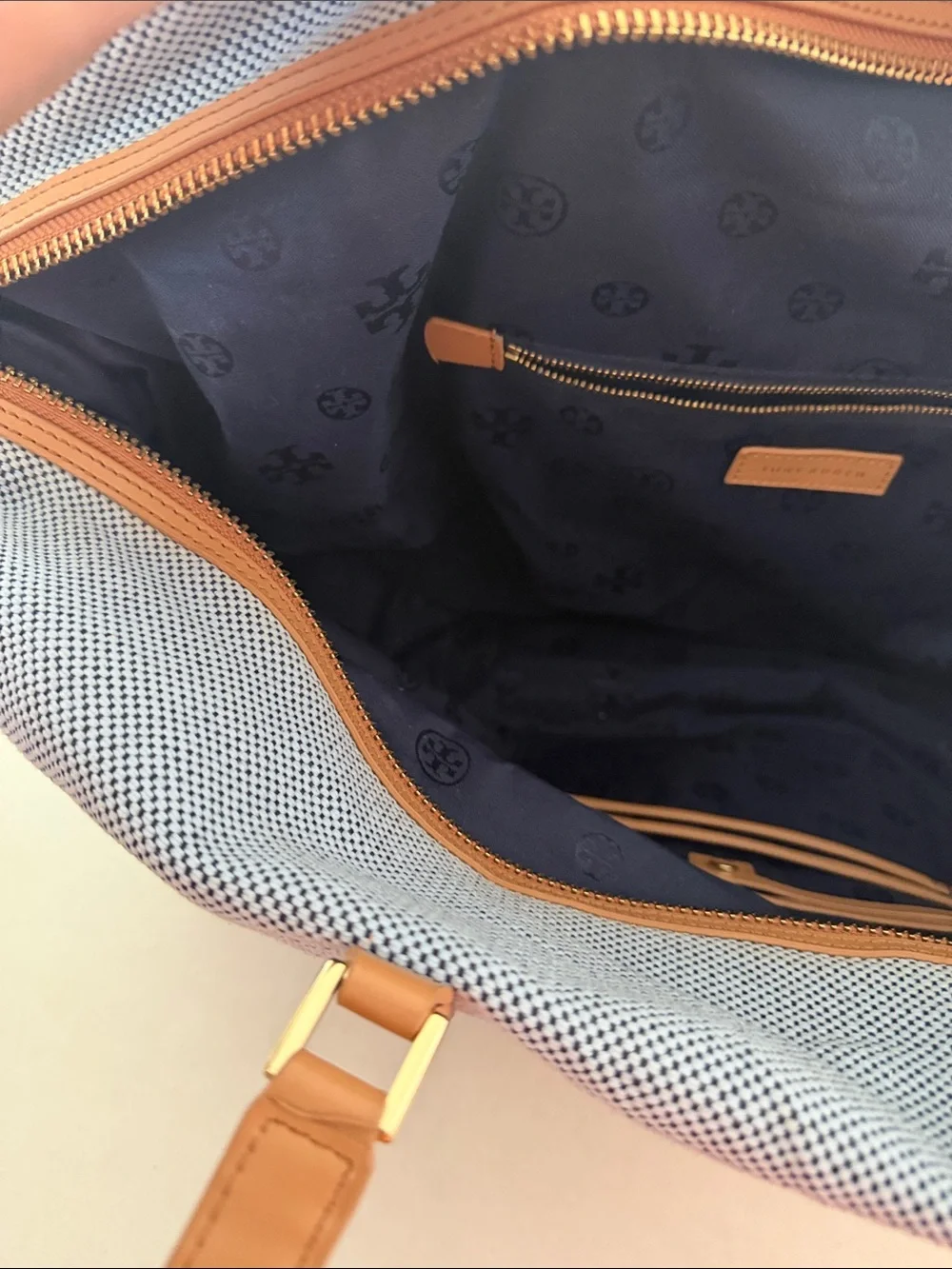 Tory Burch Light Blue Canvas Weekender with Tan Leather Logo